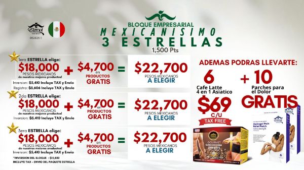 Imagen de Promocion 052825-1 (3 E): Incentivo Bloque 3 Estrellas Mexico (6 Cafes + 10 Parches GRATIS)